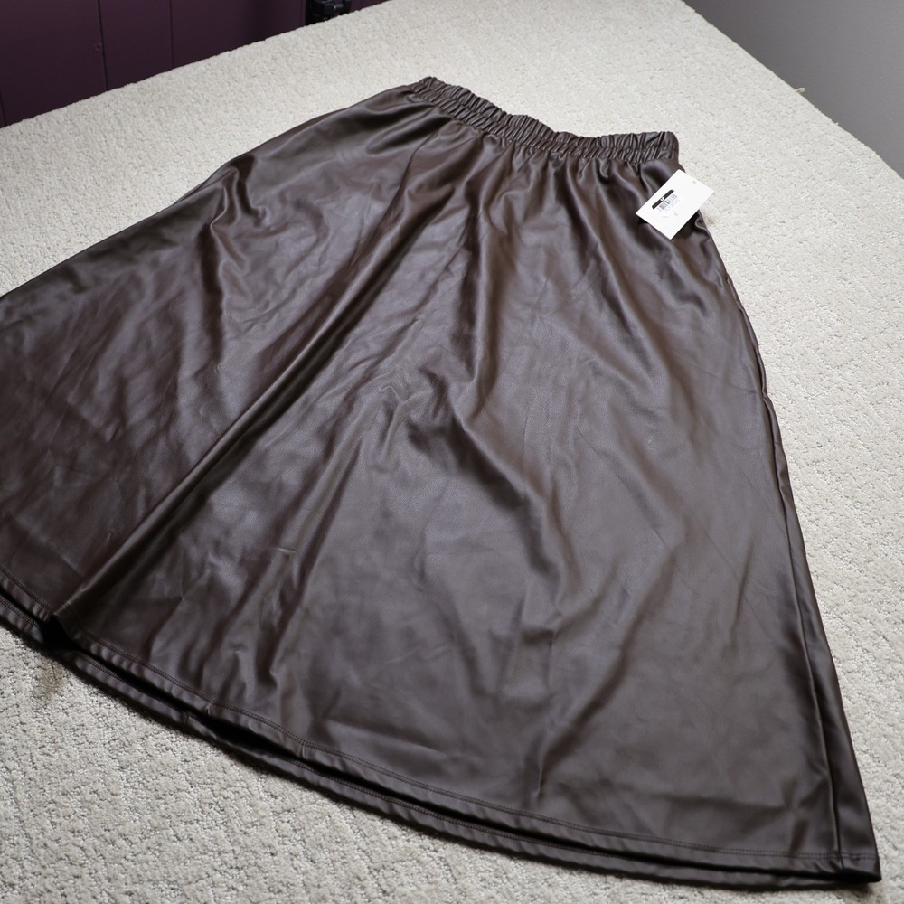 A New Day Dark Brown Faux Leather Midi Skirt Elastic Waist A-Line S NEW